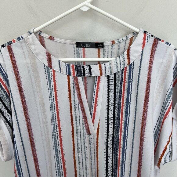 Cure | Keyhole Striped Short Sleeve Top Blouse Blue Red Stretch Size Large - Picture 4 of 7